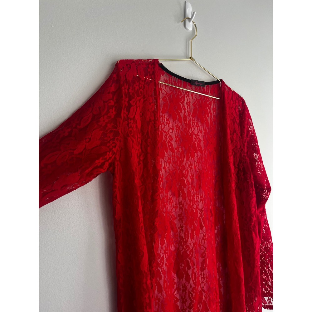 Byanapa Red Floral Lace Maxi Duster Open Front Long Sleeve Sexy Robe Boudoir - Picture 5 of 11